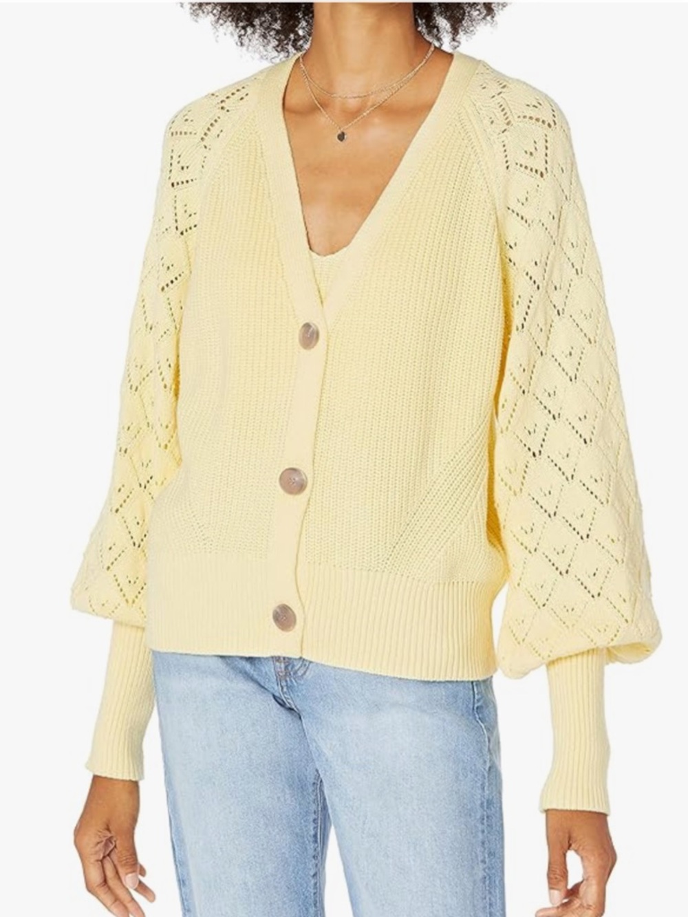 Light Yellow V-Neck Button Cardigan with Lace Balloon Sleeves